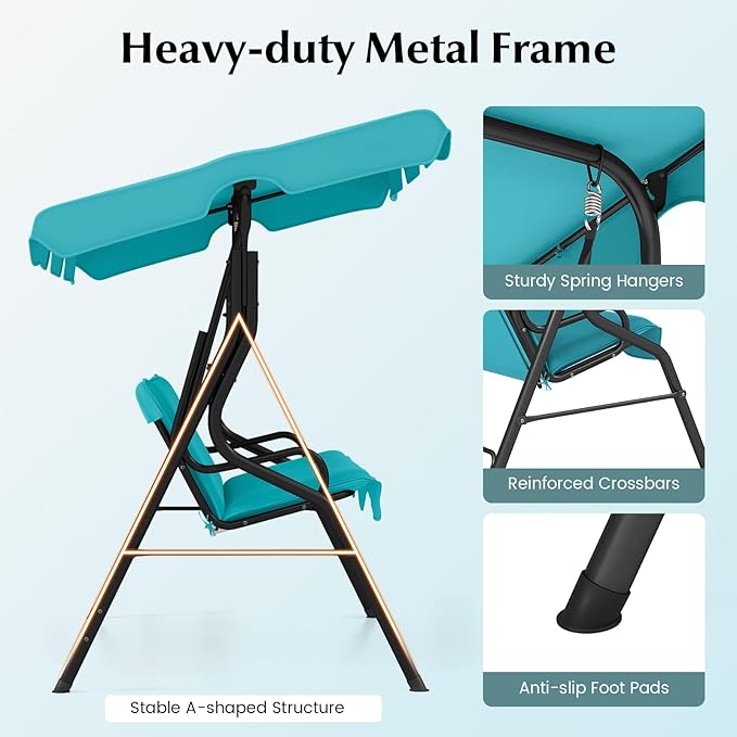 RELAX4LIFE 3-Person Porch Swing Chair - Outdoor Swing w/Adjustable Canopy, Removable Cushion & Metal Frame Stand - Photo 7