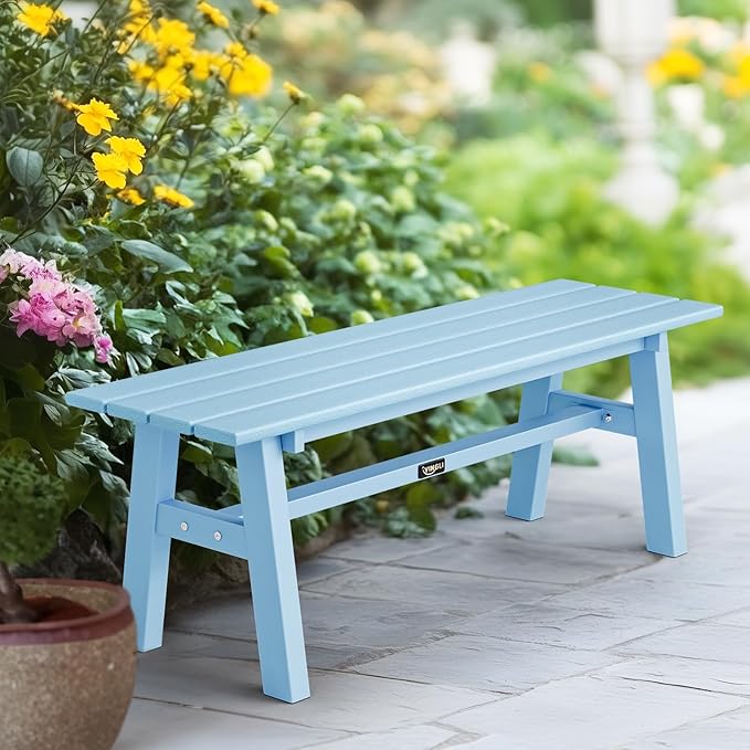 47inch Outdoor Bench Garden Bench HDPE Porch Bench w/Metal Legs, Poly Lumber Patio Bench, 660 LBS Capacity Outdoor Backless Bench