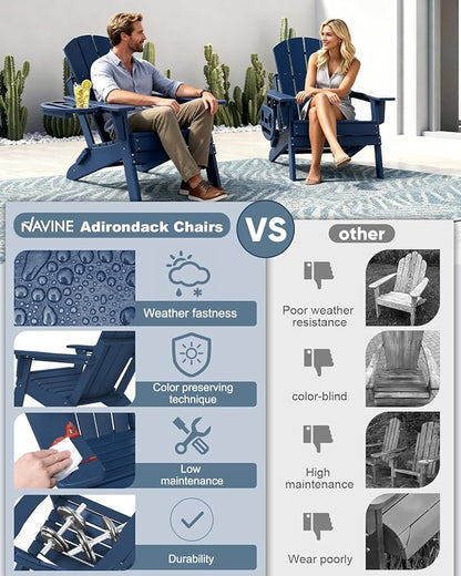 Adjustable Adirondack Chair Set of 4 with Cup Holder, All Weather HDPE Fire Pit Chairs for Deck, Backyard, Patio, Navy Blue