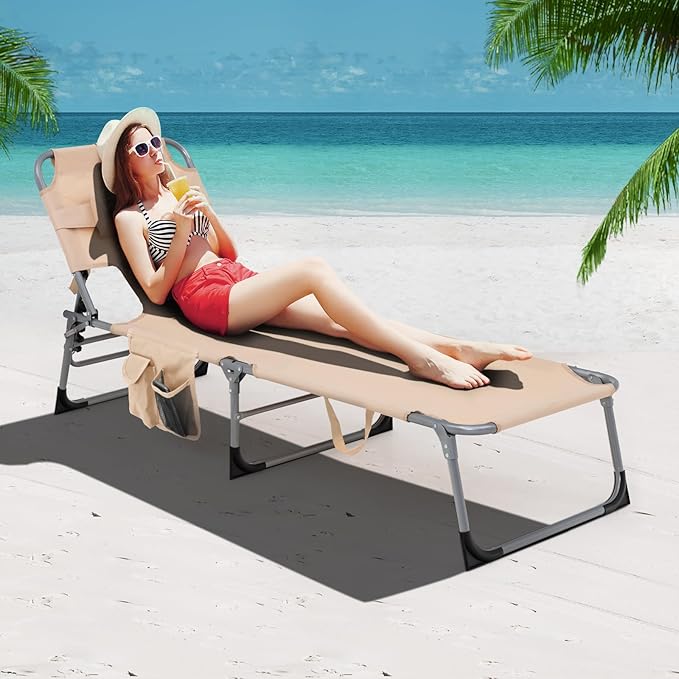 Goplus Tanning Chair with Face Hole, Foldable Adjustable Beach Chaise Lounger w/Arm Hole - Photo 2