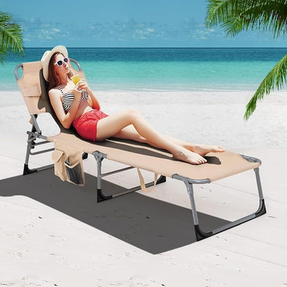 Goplus Tanning Chair with Face Hole, Foldable Adjustable Beach Chaise Lounger w/Arm Hole, Removable Pillow and Side Pocket, Portable Outdoor Patio Lounge Chair for Pool Camping