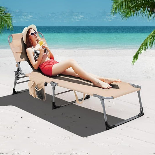 Goplus Tanning Chair with Face Hole, Foldable Adjustable Beach Chaise Lounger w/Arm Hole, Removable Pillow and Side Pocket, Portable Outdoor Patio Lounge Chair for Pool Camping