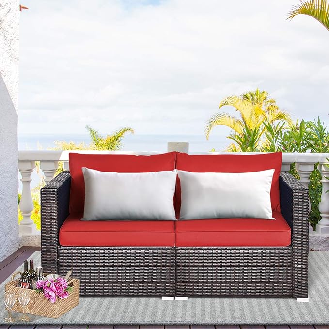 Tangkula 2 Seat Outdoor Wicker Loveseat Sofa Set, Modular PE Rattan 2 Pieces Outdoor Wicker Corner Sofa - Photo 2