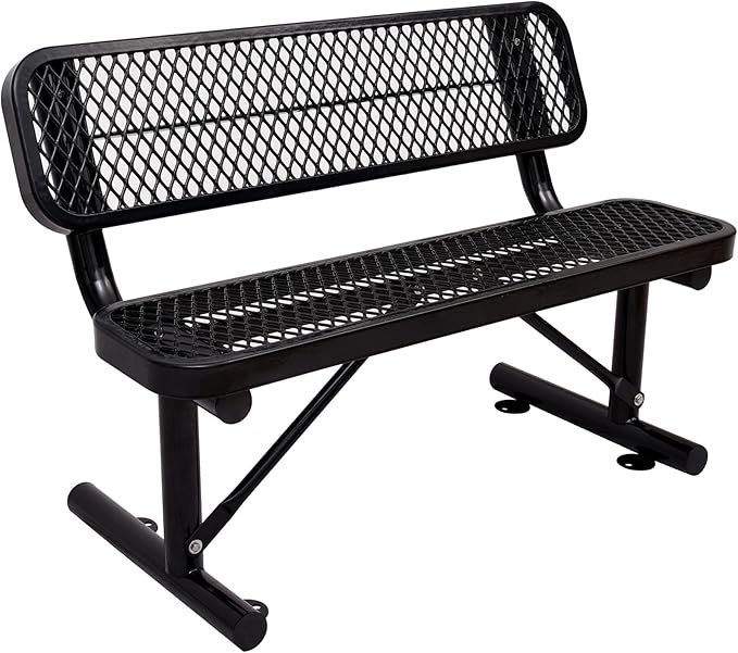 4 Feet Heavy Duty Park Bench with Back Portable Frame, Outdoor Steel Bench with Backrest, Expanded Metal Mesh Bench for Lawn, Park, Deck, Garden, Patio, Porch, Black