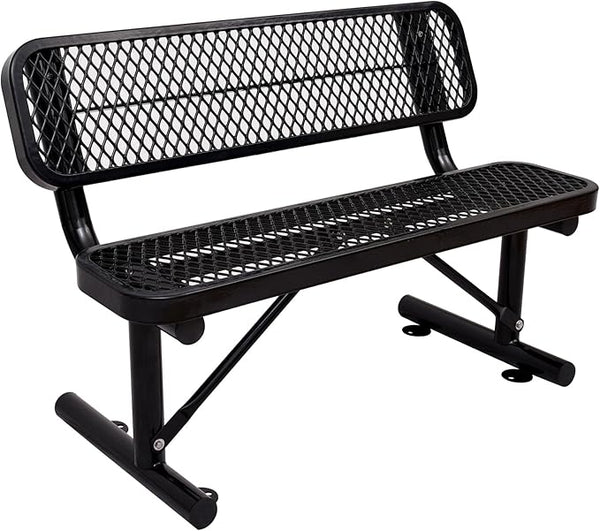 4 Feet Heavy Duty Park Bench with Back Portable Frame, Outdoor Steel Bench with Backrest, Expanded Metal Mesh Bench for Lawn, Park, Deck, Garden, Patio, Porch, Black
