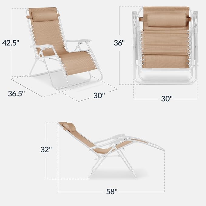 Best Choice Products Set of 2 Extra Wide Adjustable Steel Mesh Zero Gravity Lounge Chair Recliners w/Pillows and Cup Holder Trays - Sand/White