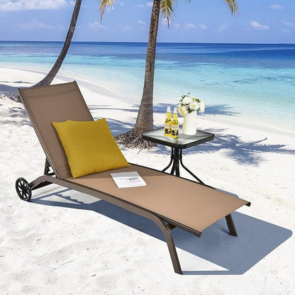Giantex Patio Lounge Chairs for Pool Area, Outdoor Chaise Lounger with 6 Adjustable Position Smooth Wheels and Quick-Drying Fabric, Lawn Recliner for Backyard, Garden Sunbathing Chair (2, Brown)