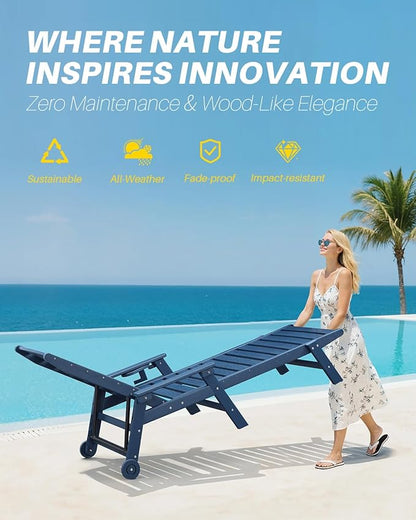 HDPE Patio Chaise Lounge Chair, 78.4'' Adjustable Outdoor Lounger with Wheels & Cup Holder, 5 Positions Poly Lounge Chairs, HDPE Outdoor Patio Lounge Chair for Outside, Deck, Beach, Navy