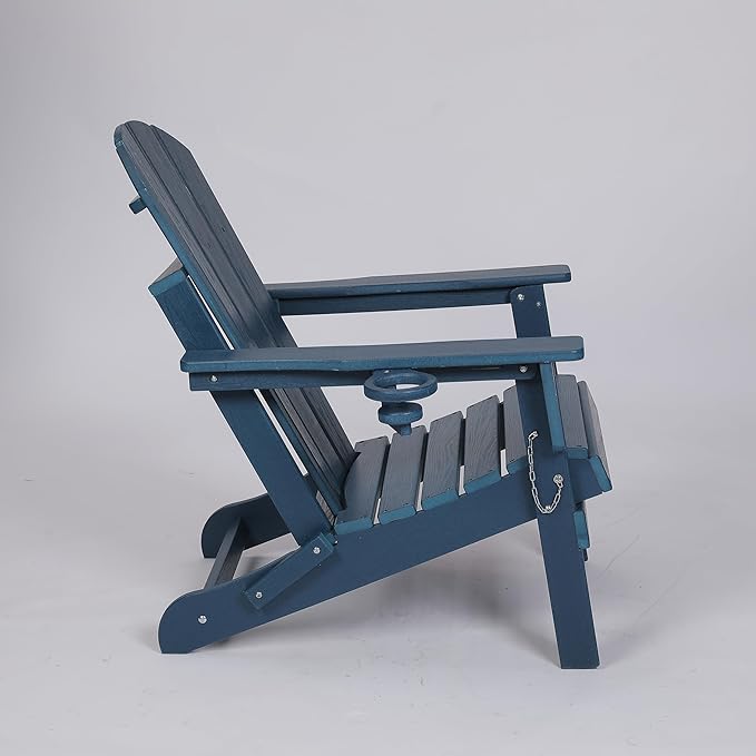 HDPE Folding Adirondack Chair with Cup Holder Outside, Composite Outdoor Chairs with Wood Texture, Blue - Photo 7