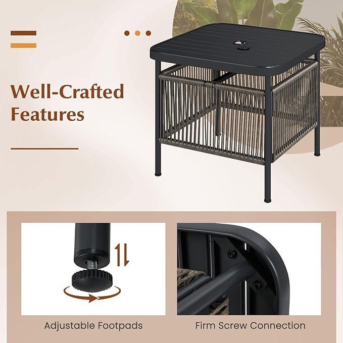 HAPPYGRILL Outdoor Side Table with Umbrella Hole 1.57”, Square Rattan Wicker Coffee Bistro End Table Umbrella Stand, for Backyard Poolside Garden (1)