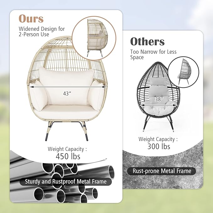 Giantex Oversized Wicker Egg Chair, Outdoor & Indoor Hammock Chair with Thick Cushions, 2-Person PE Rattan Lounge Chair Swing Chair for Patio, Backyard,Porch, 450 LBS Weight Capacity (Light Brown)