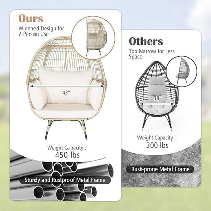 Giantex Oversized Wicker Egg Chair, Outdoor & Indoor Hammock Chair with Thick Cushions, 2-Person PE Rattan Lounge Chair Swing Chair for Patio, Backyard,Porch, 450 LBS Weight Capacity (Light Brown)