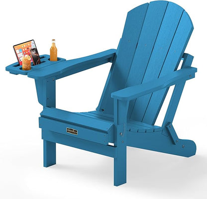 SERWALL Folding Adirondack Chair with 4 in 1 Multi-Functional Cup Holder, Wood Texture Adirondack Chairs for Patio Garden Outdoors, All-Weather Plastic Fire Pit Chairs - Sapphire