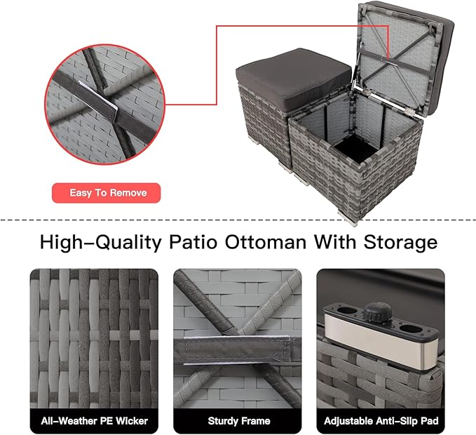 2-Pieces Patio Rattan Ottomans，All-Weather Rattan Wicker Multipurpose Outdoor Furniture for Patio, Backyard, Additional Seating, Footrest, Side Table w/Storage, Removable Cushions (Grey)