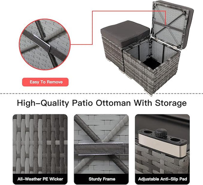 2-Pieces Patio Rattan Ottomans，All-Weather Rattan Wicker Multipurpose Outdoor Furniture for Patio, Backyard, Additional Seating, Footrest, Side Table w/Storage, Removable Cushions (Grey)