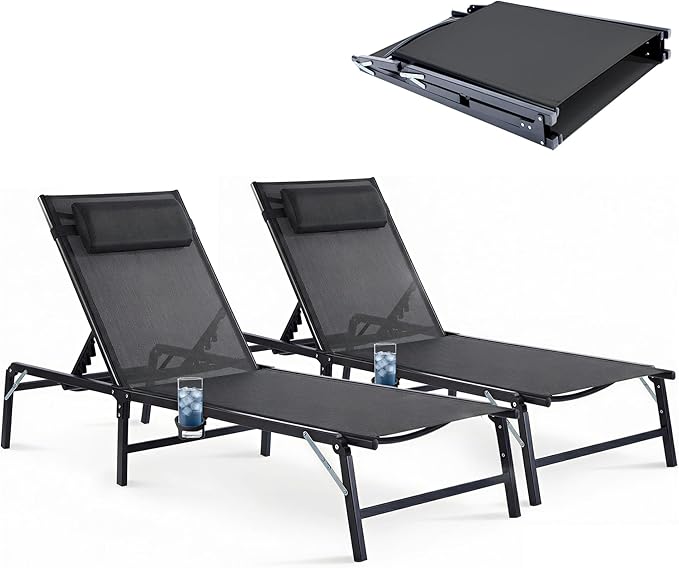 Foldable Outdoor Lounge Chairs Set of 2, No Assembly Chaise Lounge Outdoor with Cup Holder and 6 Adjustable Positions - Photo 1