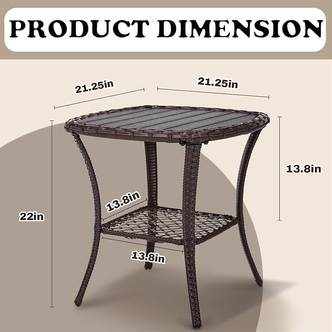 Outdoor Patio Side Table Set of 2 Small Brown Wicker Rattan End Table for Outside Storage Coffee Table with Poly Lumber Table Top for Garden Lawn Pool Porch Deck