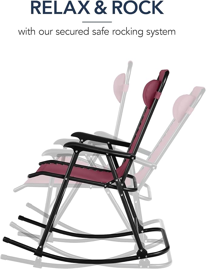 Best Choice Products Outdoor Folding Rocking Chair, Zero Gravity Lounge Chair, Patio Rocker w/Headrest Pillow - Burgundy - Photo 4