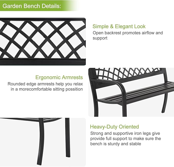 BSTOPHKL Outdoor Bench, Patio Garden Bench for Outside Steel Frame Patio Metal Bench for Porch, Lawn, Balcony, Backyard, Poolside, Outside Decor Furniture, Black