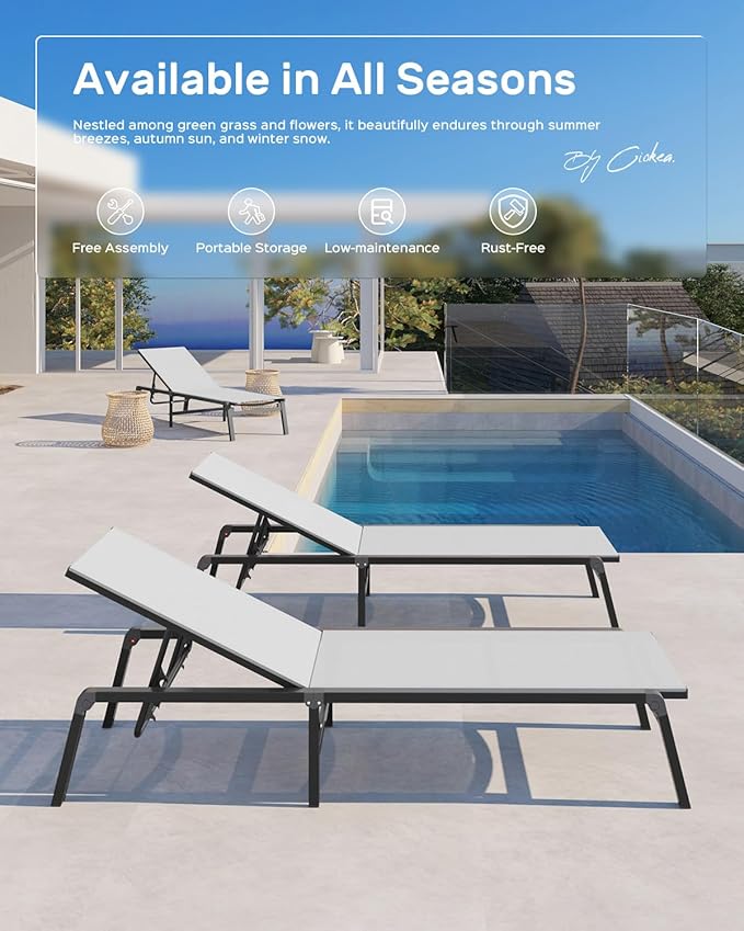Patio Chaise Lounge Chair Set of 4, Foldable Lounge Chair for Outside, Aluminum Chairs with 5 Adjustable Backrest, Outdoor Pool Lounger for Patio, Lawn, Deck, White