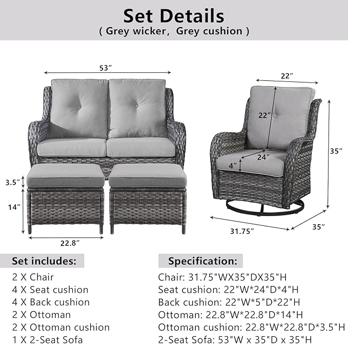 Belord 5 Piece Wicker Patio Furniture Set, Outdoor Swivel Rocker Chairs Set of 2 with Ottomans and Loveseat - Photo 9