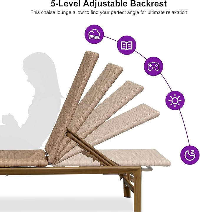PURPLE LEAF Patio Chaise Lounge Chairs Outdoor 1 Piece, Wicker Pool Lounge Chairs for Outside with Adjustable Backrest, Aluminum Sunbathing Lounger for Patio, Poolside, Garden, Light Brown