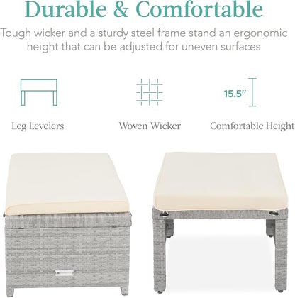 Best Choice Products Set of 2 Wicker Ottomans, Multipurpose Outdoor Furniture for Patio, Backyard, Additional Seating, Footrest, Side Table w/Removable Cushions, Steel Frame - Gray/Cream