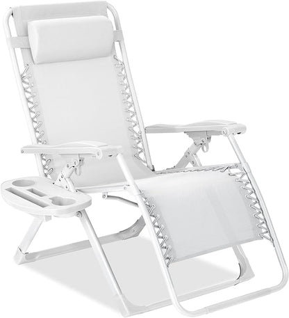 Best Choice Products Adjustable Zero Gravity Chair, Monochromatic Color Folding Patio Recliner w/Side Tray, Headrest - Snow