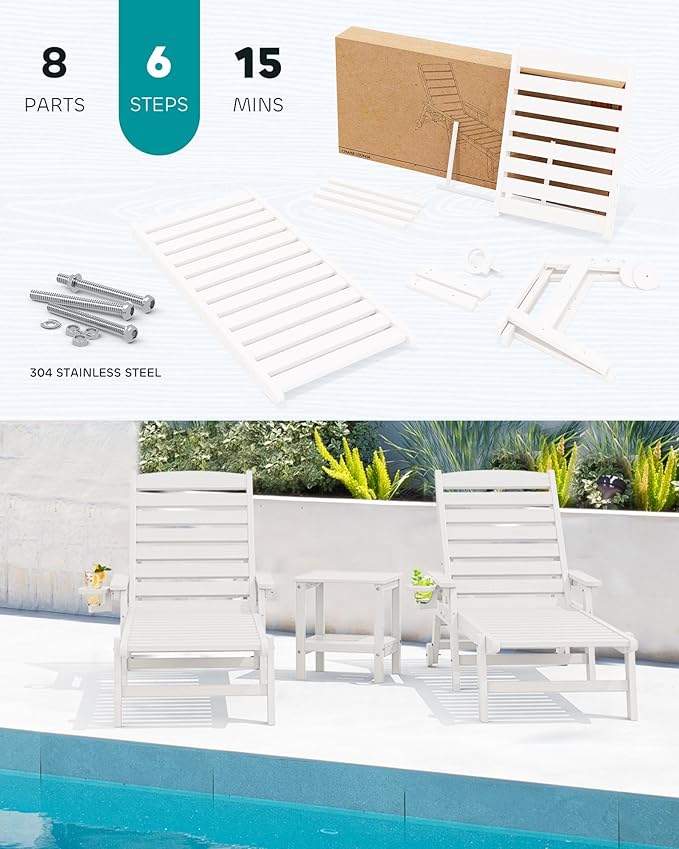 SERWALL Patio Chaise Lounge Chair Set of 2, 78'' Long 5-Positions Adjustable HDPE Outdoor Lounger for Pool - Photo 7