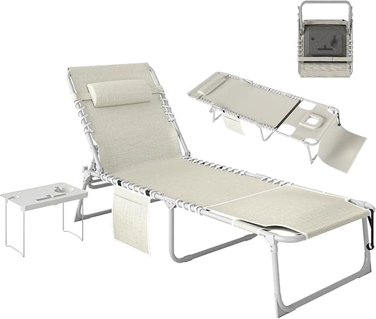 Outsunny Tanning Chair with Face Hole, Side Table, 5-Position Reclining Folding Chaise Lounge Chair Outdoor Lounger Recliner, Carry Straps for Beach Pool Camp, Breathable Mesh, Beige