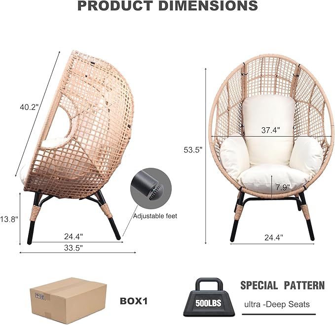 Oversized Wicker Egg Chair, Outdoor Indoor Rattan Patio Egg Lounge Chairs with Cushion 500lbs Capacity for Living Room - Photo 2