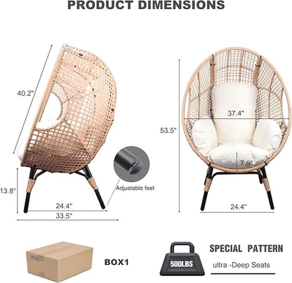 Oversized Wicker Egg Chair, Outdoor Indoor Rattan Patio Egg Lounge Chairs with Cushion 500lbs Capacity for Living Room, Balcony, Backyard (2 PCS, Beige-Grid)