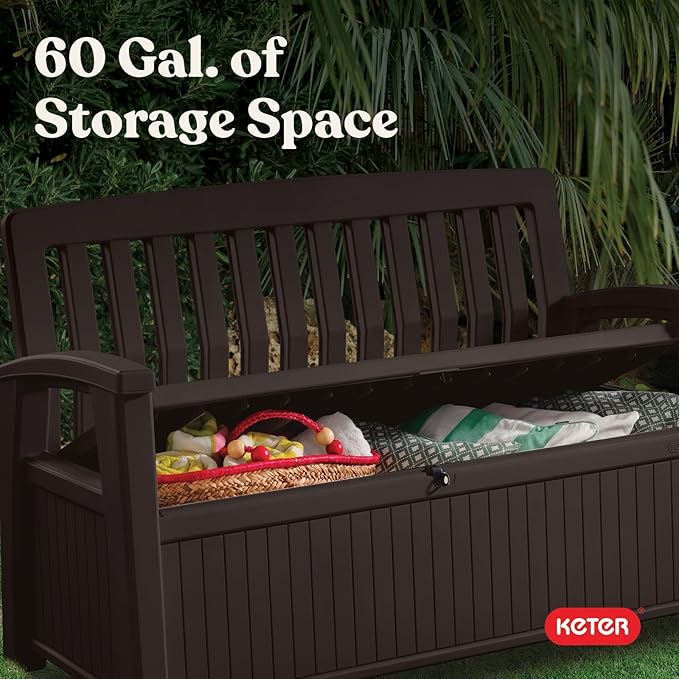 Keter 60 Gallon Storage Bench Deck Box for Patio Furniture, Front Porch Decor and Outdoor Seating – Perfect to Store Garden Tools