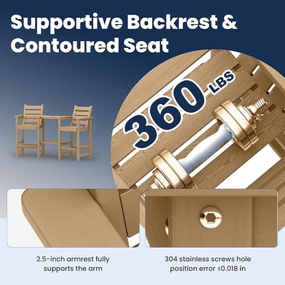 PLUUV Tall Adirondack Chairs Set of 2, All Weather HDPE Poly Bar Height Balcony Adirondack Chair with Removable Double Connecting Trays, Outdoor Adirondack Barstools for Deck, Patio, Yard, Pool, Lawn