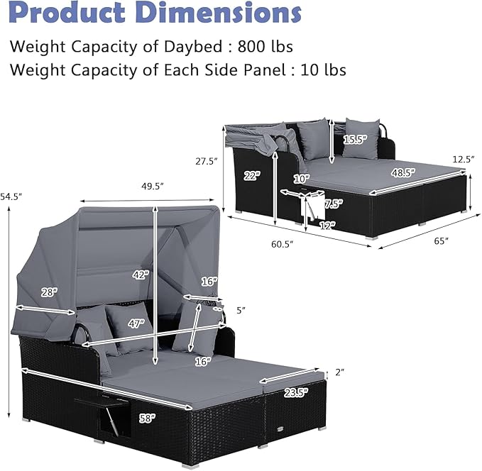 Tangkula Patio Rattan Daybed with Retractable Canopy, Outdoor Wicker Sunbed Lounger with 2 Foldable Side Tables - Photo 4