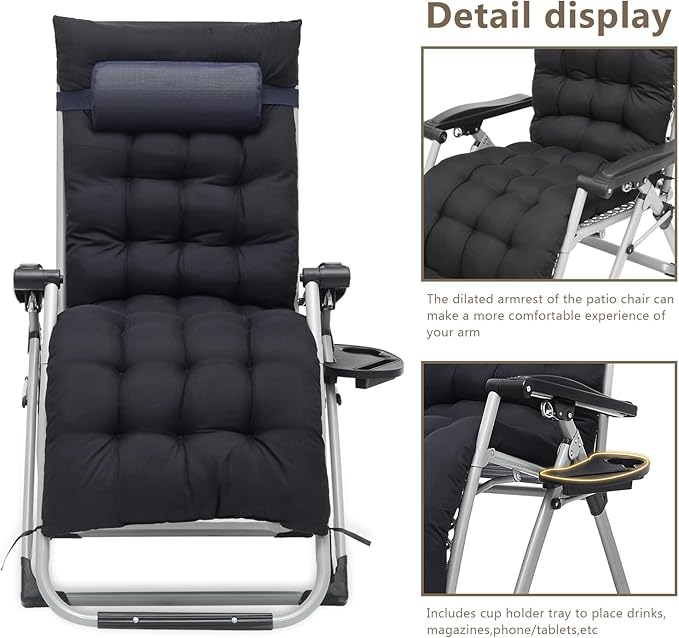 Zero Gravity Chair, Portable Folding Reclining Lounge Chairs with Adjustable Cushion and Cup Holder Trays for Outdoor - Photo 9