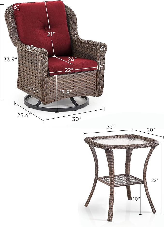 3 Piece Patio Swivel Chairs and Side Table Set - High Back Outdoor Brown Wicker Rattan Rocking Glider with Thick - Photo 3