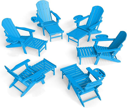 FOOWIN Adirondack Chair with Retractable Ottoman,HDPE Folding Adjustable Adirondack Chair w/4 in 1 Cup Holder Trays,All-Weather Resistant Fire Pit Chair for Outdoor Patio Lawn Set of 6