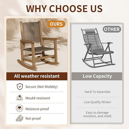 HDPE Rocking Chair Outdoor 1 PCS, Wicker Rocking Chair for Outside, Woven Seat & Back, All Weather Ratten Outdoor for Patio Front Porch, Garden, Lawn, and Balcony (Brown)