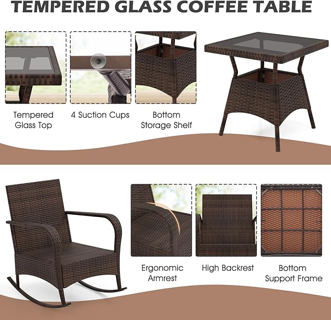 ORALNER 3 Pieces Patio Furniture Set, Outdoor Wicker Rocking Chairs with Cushions, Pillows, Glass Coffee Table - Photo 5