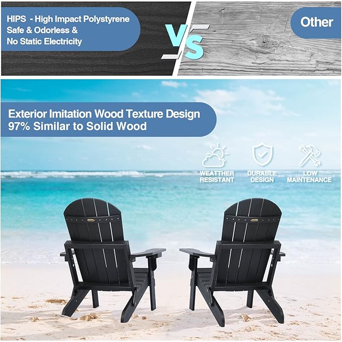 Folding Adirondack Chairs Set of 2, All Weather Resistant Plastic Chairs with Cup Holder, Fold or Unfold Easily in 1 Second, Outdoor Chairs for Patio, Garden, Backyard Deck, Lawn Fire Pit(Black)