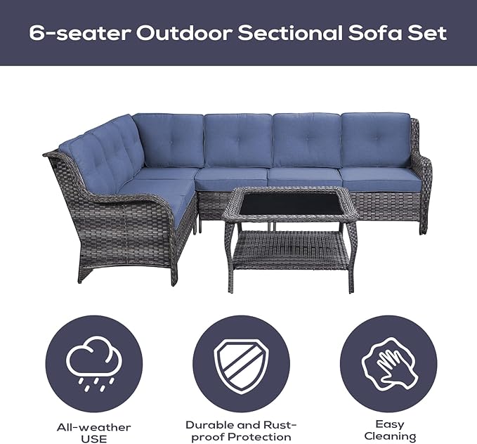 Belord Patio Furniture Set 6 Seats, Oversized Outdoor Sectional Couch, Two 3-Seater Sofas with Coffee Table - Photo 3