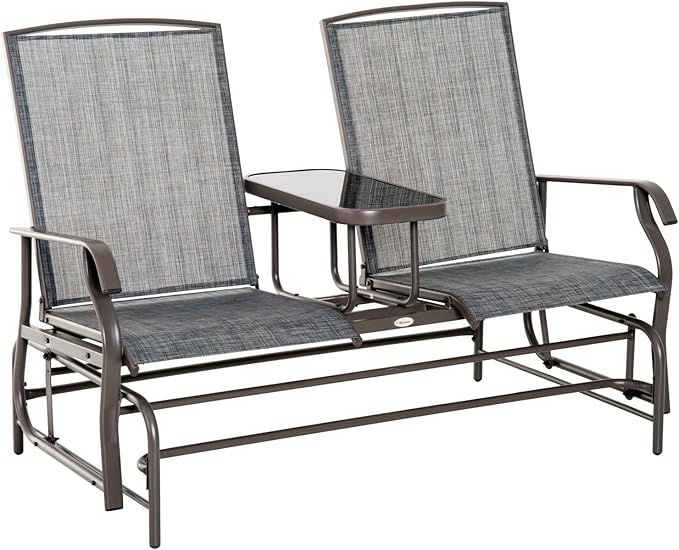 GOWE Outdoor Glider Bench with Center Table, Metal Frame Patio Loveseat with Breathable Mesh Fabric and Armrests for Backyard Garden Porch, Gray