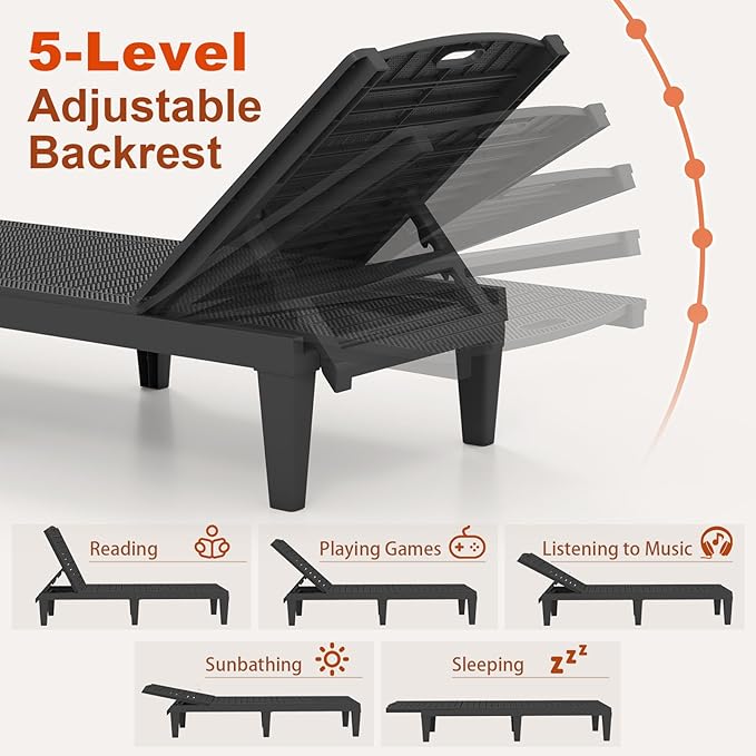 Tangkula Lounge Chair Outdoor Set of 2, Patio PP Pool Lounge Chairs with 5-Position Adjustable Backrests, Easy Assembly, Recliner Chaise Lounger for Poolside, Deck, Backyard, Porch (Black)