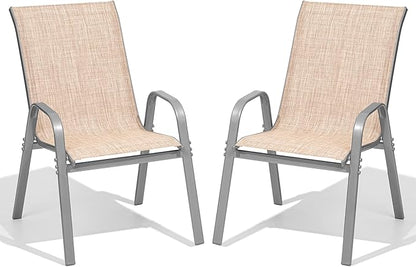 Patio Chairs Set of 2, Easily Set Up Stackable Outdoor Dining Chairs with High Back and Wide Seat, All Weather Breathable Outdoor Chairs Set of 2 with Metal Frame for Backyard Deck Pool, Beige