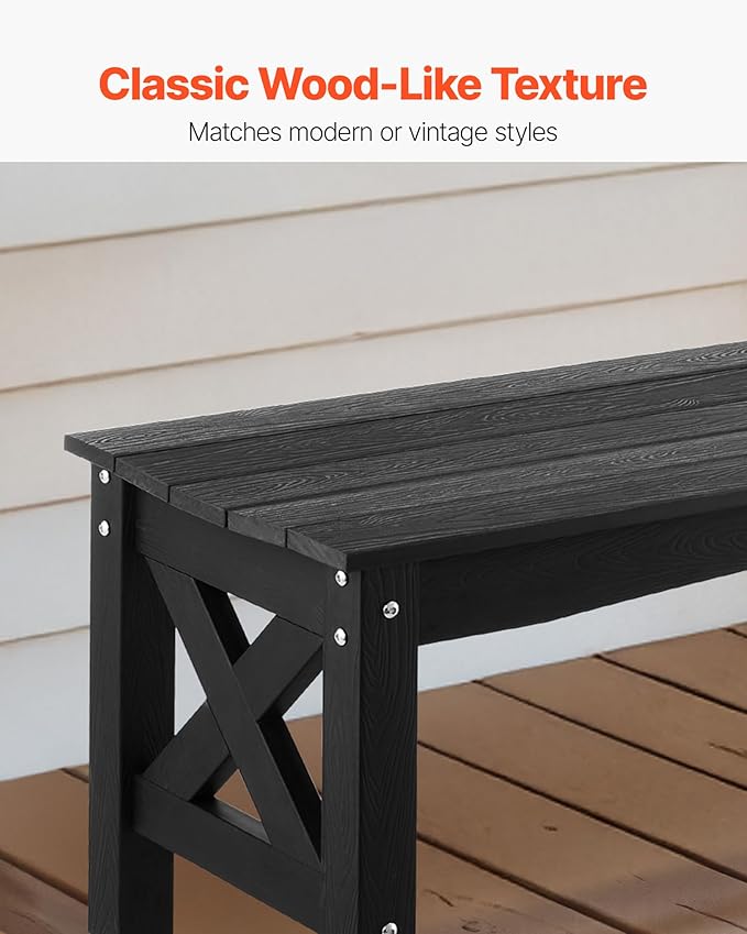VEVOR Outdoor Bench, 44.5 inch, 600 lbs Weight Capacity, Weatherproof Plastic Frame with Adjustable Level Footpads and Thick Leg, Outside Bench for Patio, Garden, Park, Yard, Front Porch, Black