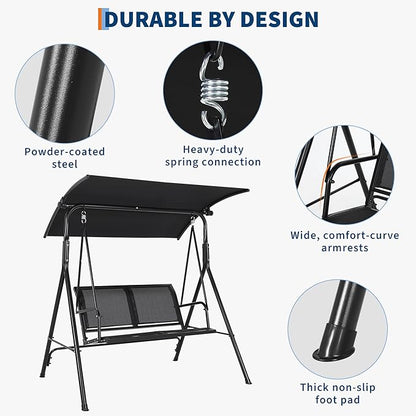 Porch Swing with Adjustable Canopy for Adults 2-Seat Outdoor Waterproof Textilene & Steel Frame Patio Swing Bench for Backyard Lawn Garden Black