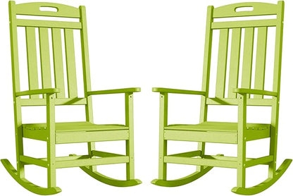 Outdoor Rocking Chair Set of 2, High Back Plastic Patio Rocking Chairs for Outside Porch Rocker Garden Lawn, All-Weather Resistant Poly Lumber Rocker Chair Outdoor, Lime