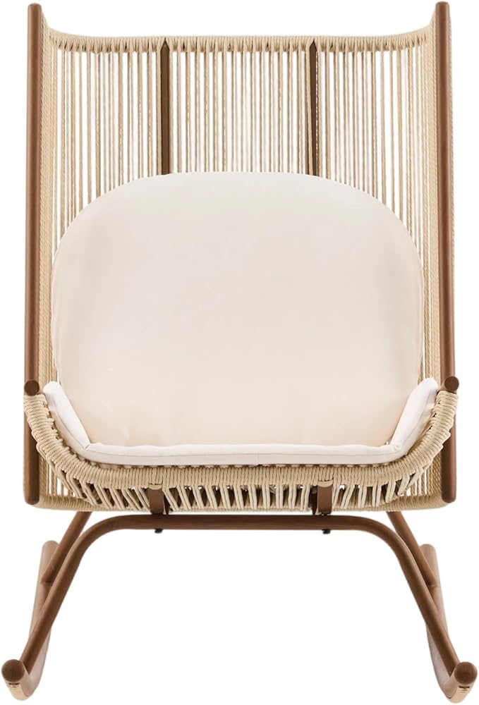 Christopher Knight Home Lumin Outdoor Rocking Chair, High Back PE Rattan Wicker Rocker with Metal Frame, Rocking Chair with Cushion, Comfort Rocker with Ergonomic Design for Patio or Lounge, Beige