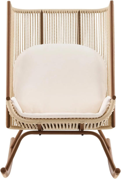 Christopher Knight Home Lumin Outdoor Rocking Chair, High Back PE Rattan Wicker Rocker with Metal Frame, Rocking Chair with Cushion, Comfort Rocker with Ergonomic Design for Patio or Lounge, Beige